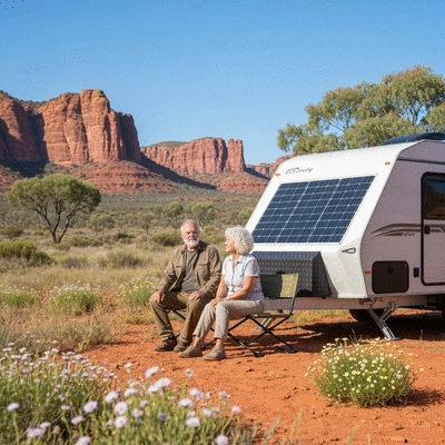 Couple enjoying an eco-friendly caravan trip in a scenic Australian national park