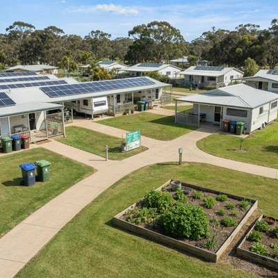 Eco-tourism caravan park with solar panels and recycling bins, active community, clean, no text, no words, no typography, 8K