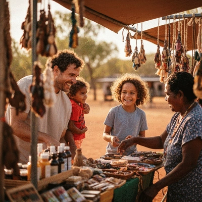 Family enjoying an eco-friendly caravan trip in Australia, engaging with local community