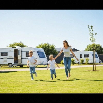 Family playing and laughing at a caravan park with a caravan in the background