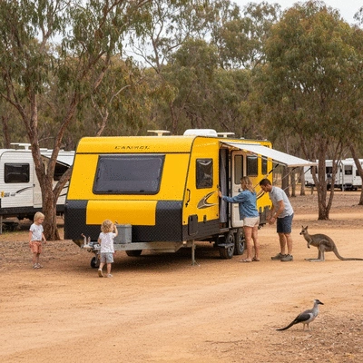 Family setting up a modern caravan at a scenic, well-maintained caravan park in Australia, with children playing safely in the background, no text, no words, no typography, 8K