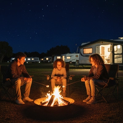 Family sitting around a campfire at a caravan park at night, sharing stories, with a caravan in the background
