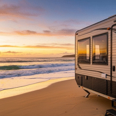 Modern caravan parked near a stunning Australian beach at sunset