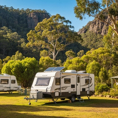 Caravan parked in a scenic, eco-friendly park with solar panels visible, surrounded by nature.