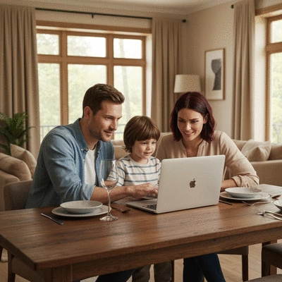 Family using a laptop to book a caravan park stay, surrounded by travel items