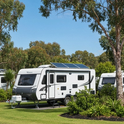Modern caravan parked in a sustainable caravan park with solar panels and lush greenery, clear blue sky, no text, no words, no typography, clean image, 8K
