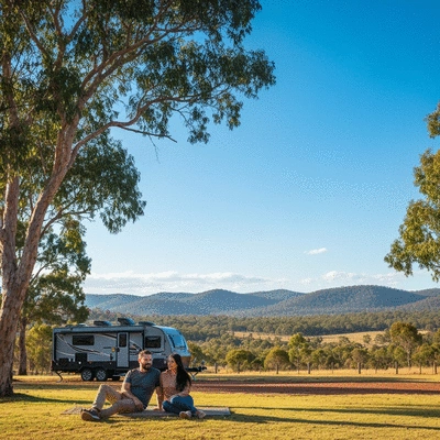 Couple relaxing in front of a modern caravan at a peaceful park, scenic Australian landscape in background, no text, no words, no typography, clean image