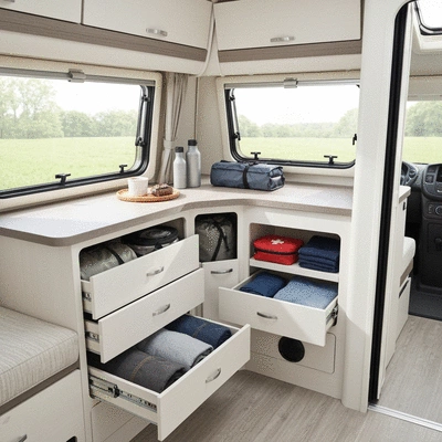 Organized caravan interior with packed essentials for a road trip