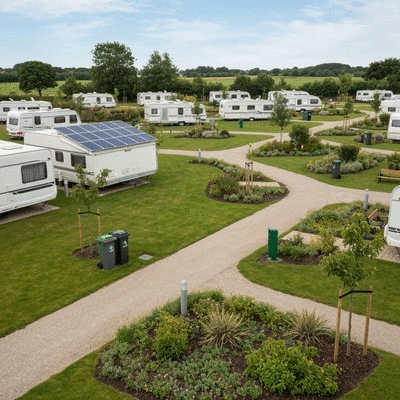 Eco-friendly caravan park with solar panels, green landscaping, and recycling bins, no text, no words, no typography, clean image