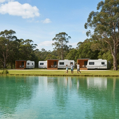 Family enjoying an outdoor activity near a sustainable caravan park, surrounded by nature and clear skies, no text, no words, no typography, clean image, 8K