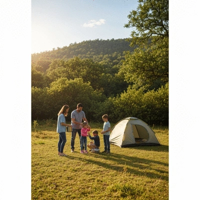 Happy family camping responsibly in a pristine natural environment, clean, no text, no words, no typography, 8K