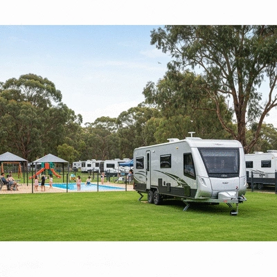 Modern caravan parked in a scenic Australian caravan park with families enjoying amenities in the background, no text, no words, no typography, clean image