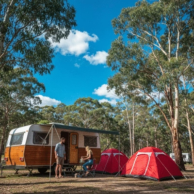 Family setting up camp at a caravan park, surrounded by nature, in Australia