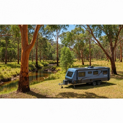 Modern caravan with solar panels parked in a beautiful, untouched Australian landscape